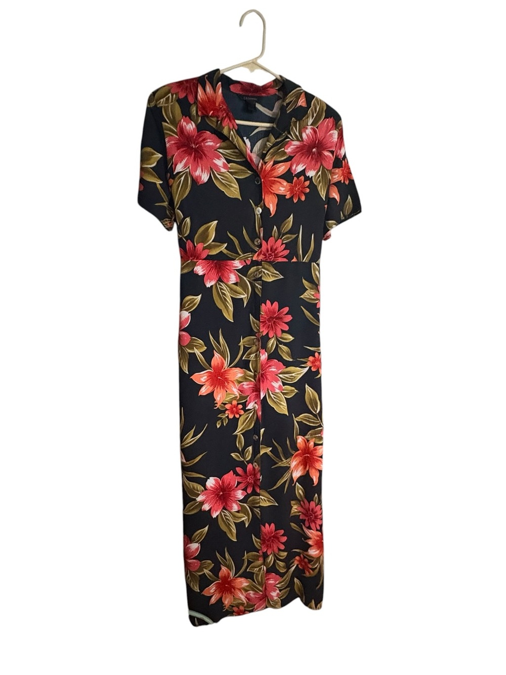T & Company Vintage 90’s Floral Navy Button Up Tropical Casual Maxi Dress sz 12